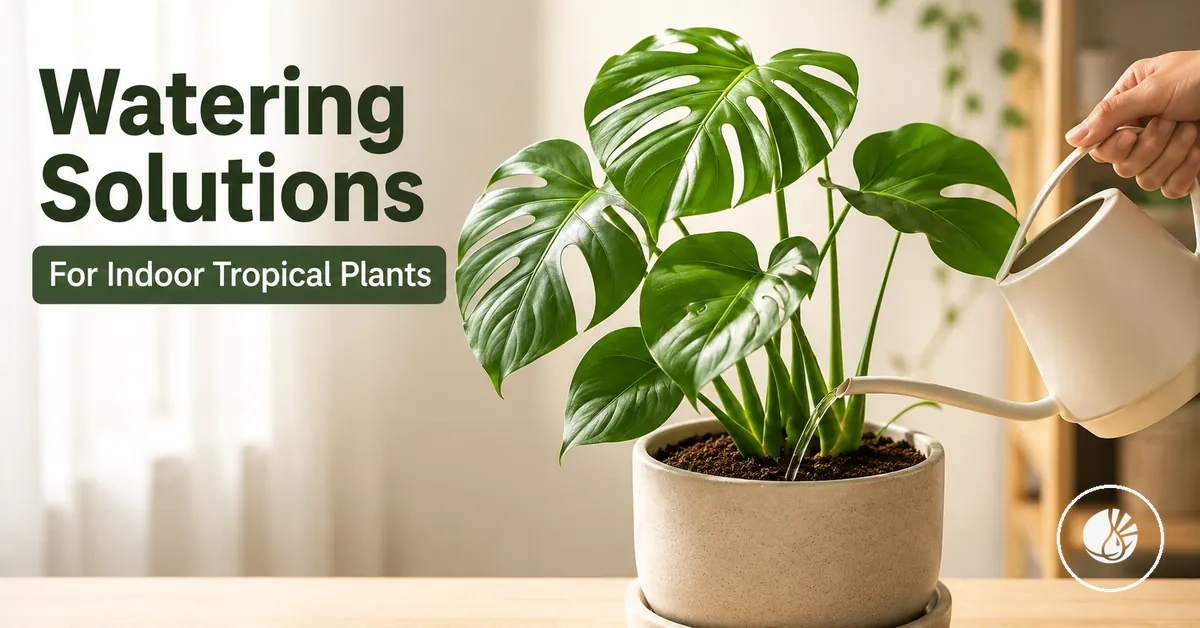 Watering an indoor tropical plant with a narrow spout watering can