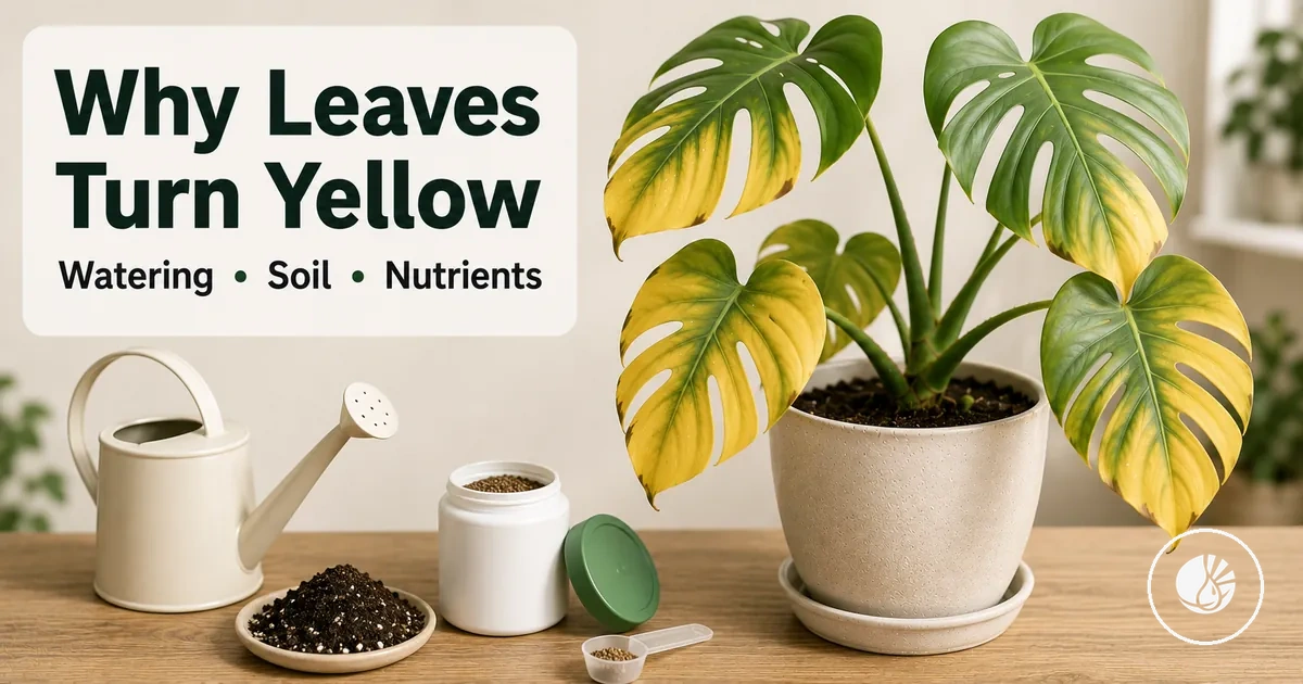 Indoor tropical plant with yellow leaves being checked for watering, soil and nutrient issues
