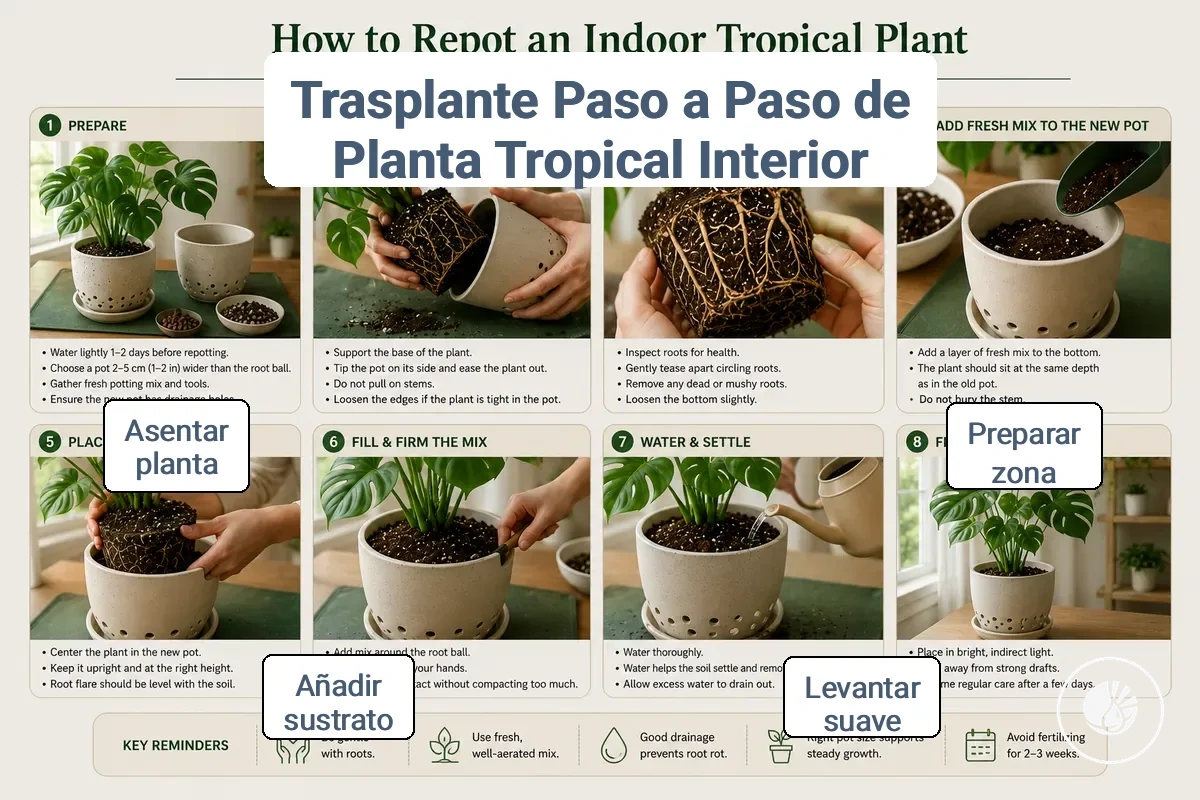 Secuencia paso a paso de trasplante para una planta tropical de interior