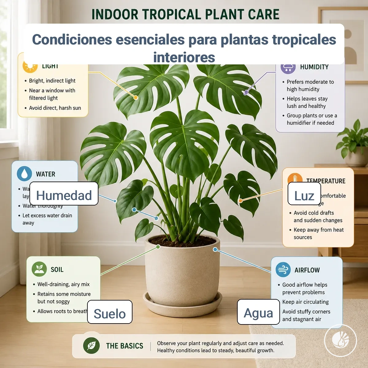 Condiciones de cuidado esenciales para una planta tropical de interior que muestran indicios de luz, agua, sustrato, humedad, temperatura y flujo de aire
