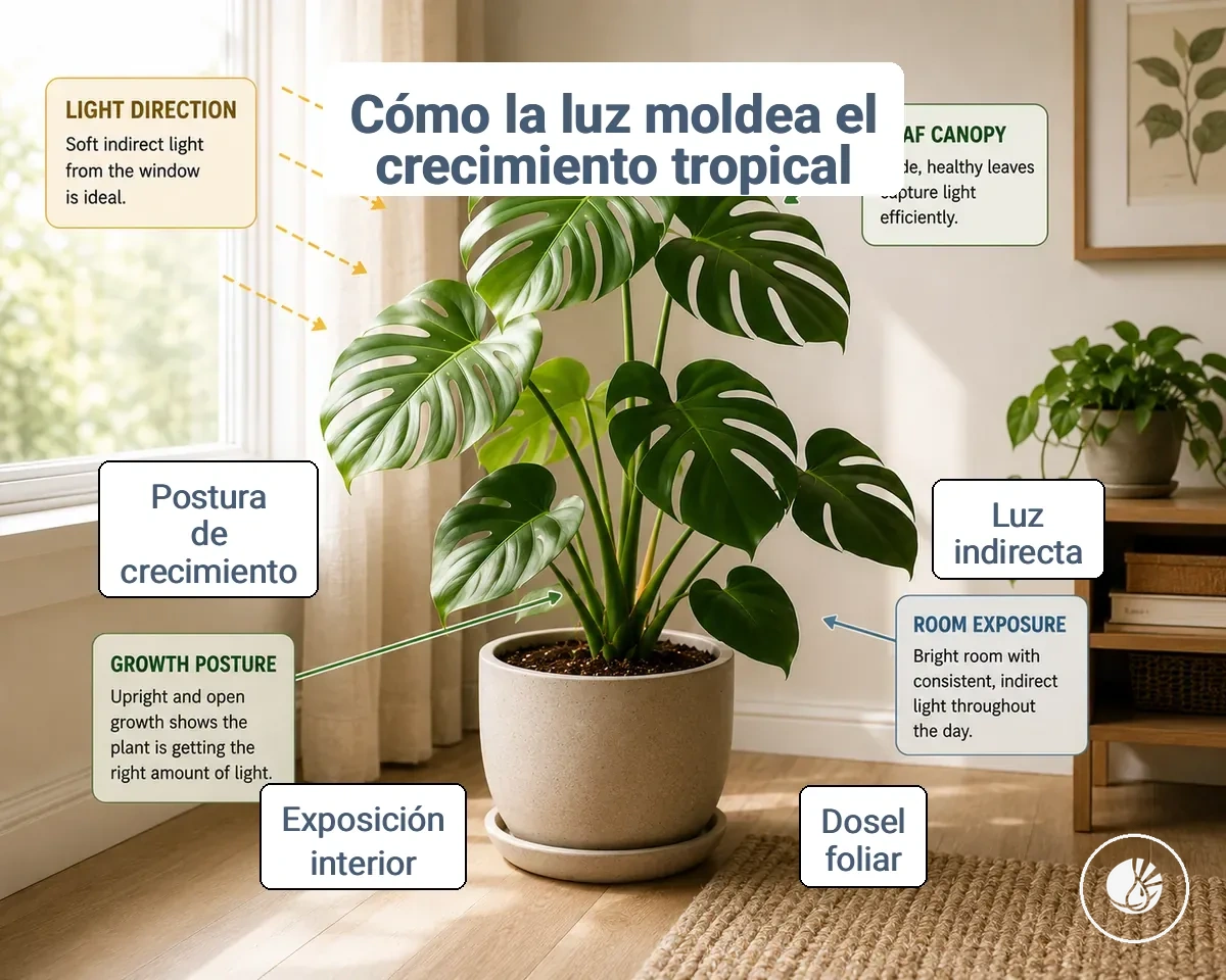 Planta tropical de interior recibiendo luz indirecta con un patrón visible de crecimiento de hojas