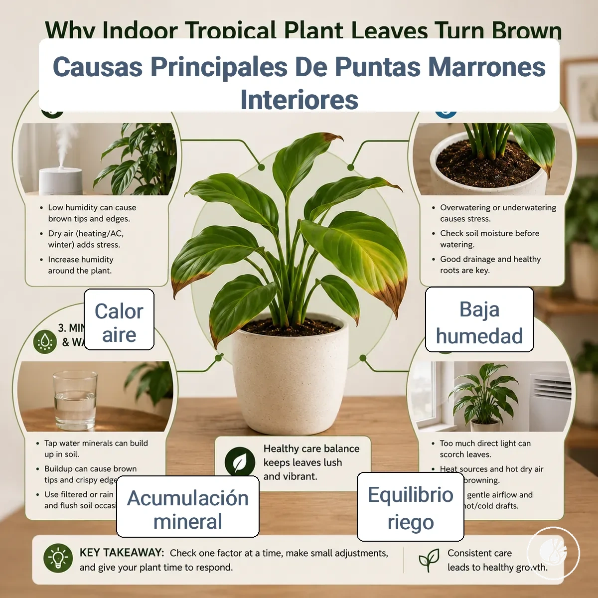 Mapa de diagnóstico que muestra las causas comunes en interiores de puntas marrones en plantas tropicales