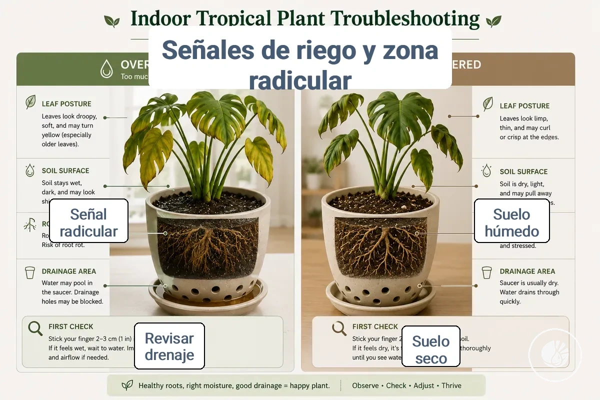 comparación de señales de problemas de riego y zona radicular en plantas tropicales de interior