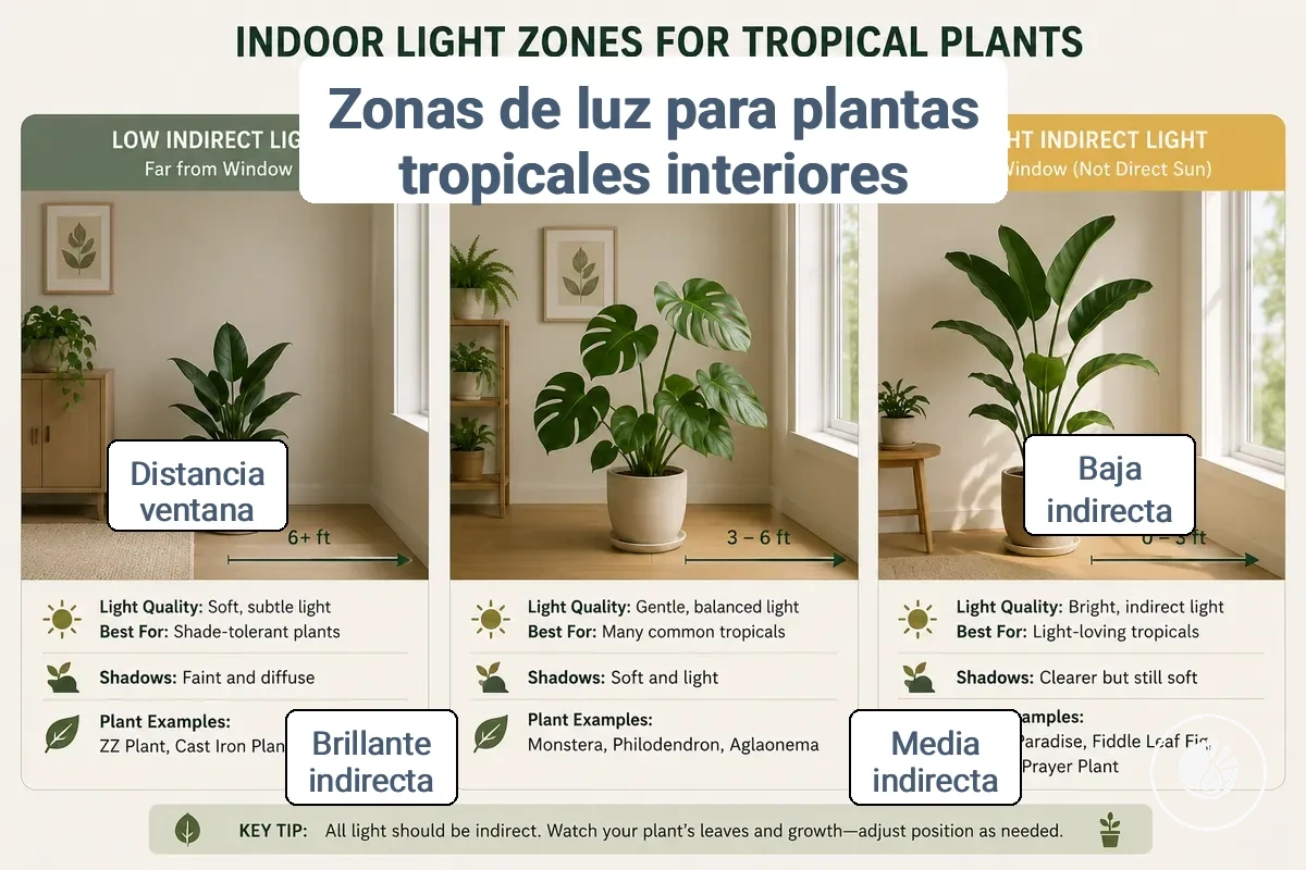 Comparación de condiciones de luz indirecta baja, media y brillante para plantas tropicales de interior