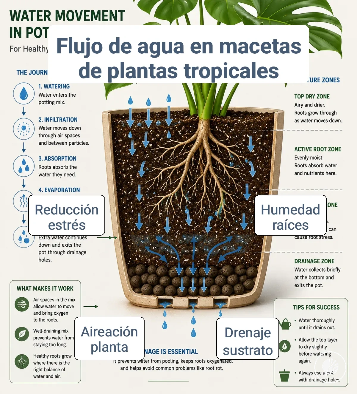 Movimiento del agua y drenaje en macetas para plantas tropicales de interior