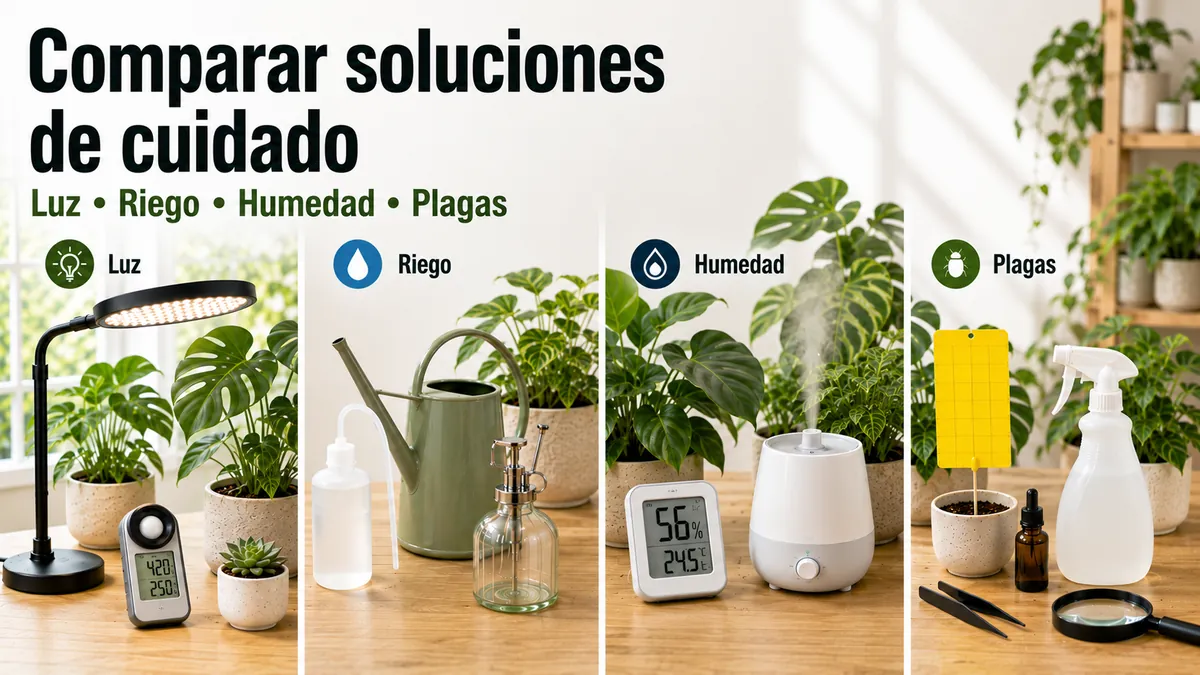 Comparación de soluciones para plantas tropicales de interior según necesidades de luz, riego, humedad y plagas