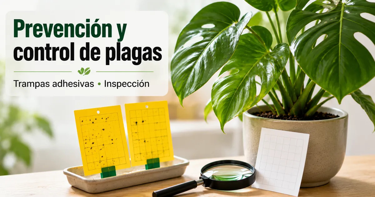 Prevención de plagas en plantas tropicales de interior con trampas adhesivas y herramientas de inspección