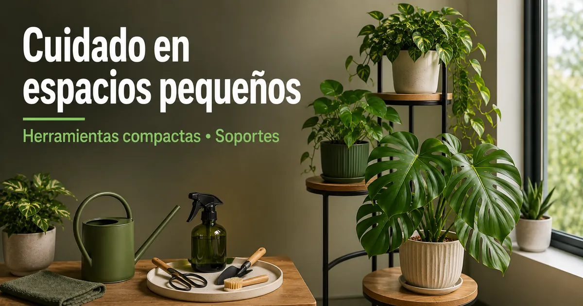 Montaje de cuidado para plantas tropicales de interior en espacios pequeños con herramientas compactas y soportes