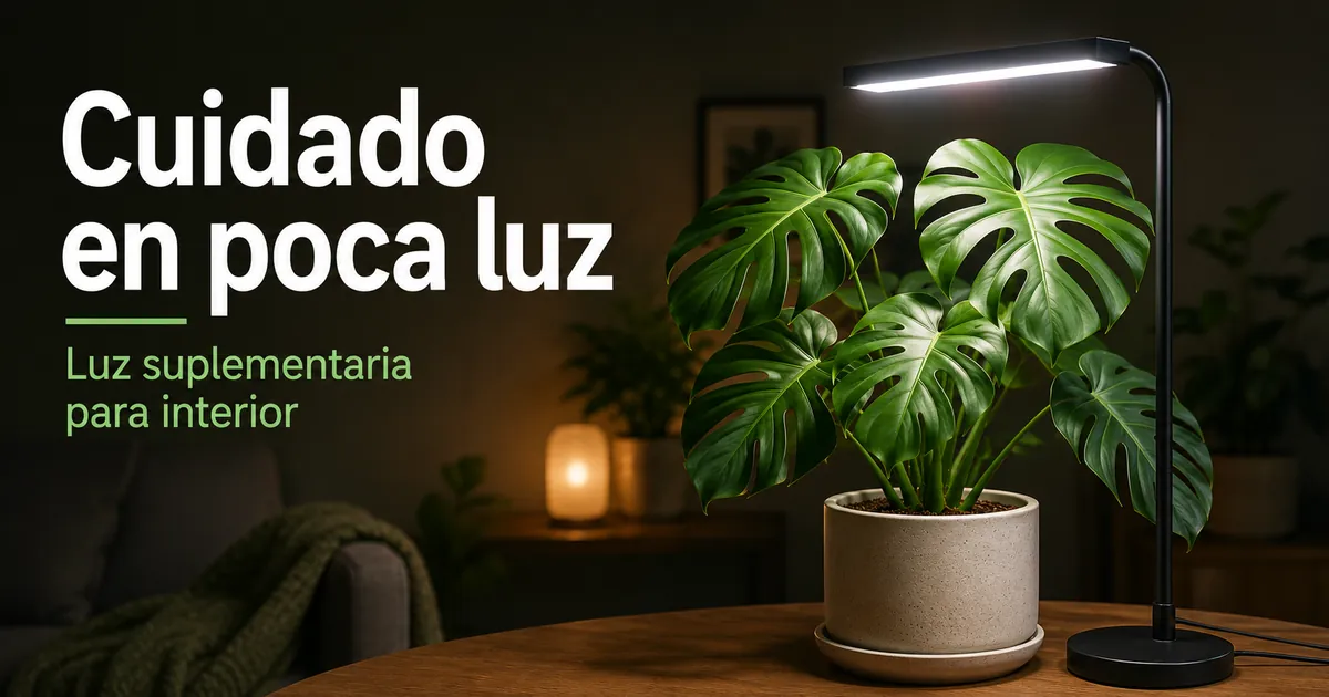 Montaje de cuidado para una planta tropical de interior en una habitación con poca luz y luz suplementaria