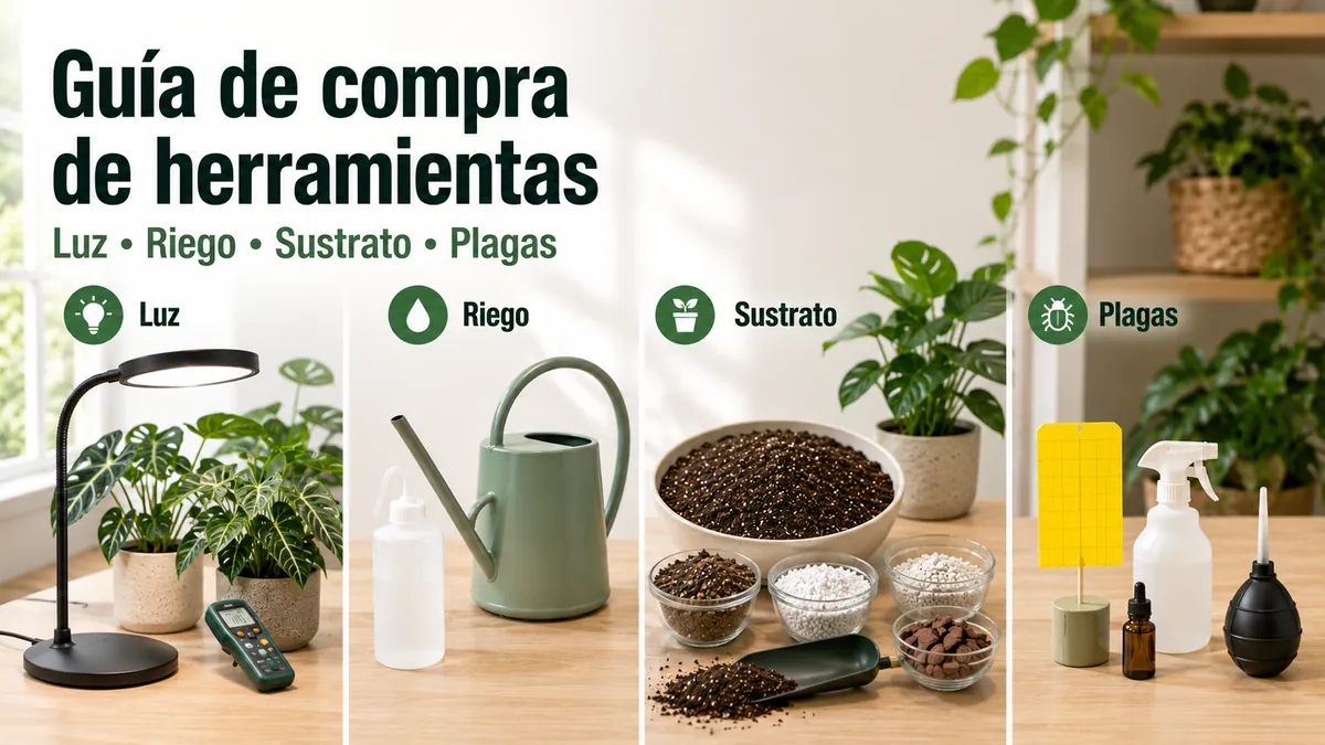 Herramientas y kits para cuidar plantas tropicales de interior organizados por luz, riego, sustrato y plagas
