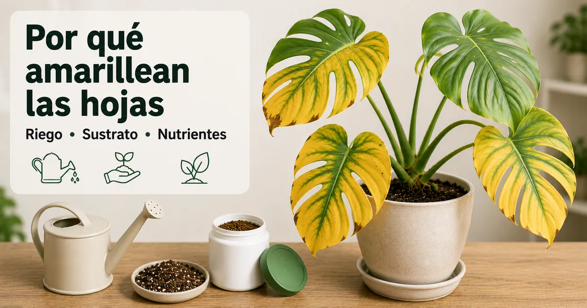Planta tropical de interior con hojas amarillas revisada por problemas de riego, sustrato y nutrientes