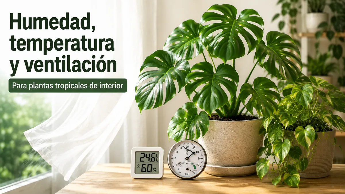 Herramientas de humedad y temperatura junto a plantas tropicales de interior en casa