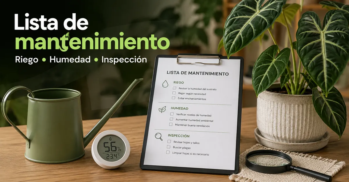 Lista de mantenimiento para plantas tropicales de interior con herramientas de riego, humedad e inspección