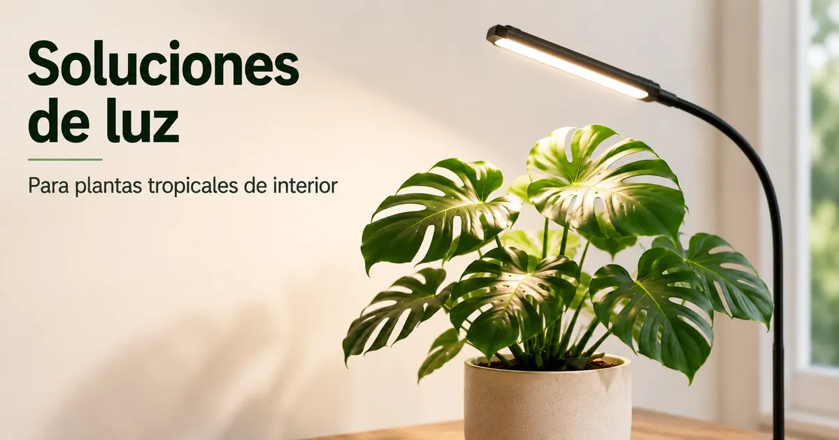 Planta tropical de interior situada cerca de una luz de cultivo para mejorar la exposición lumínica
