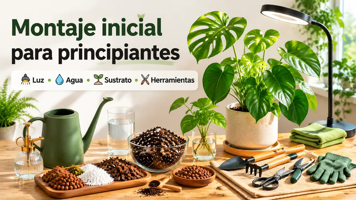 Montaje inicial para cuidar plantas tropicales de interior con herramientas básicas, luz, agua y sustrato
