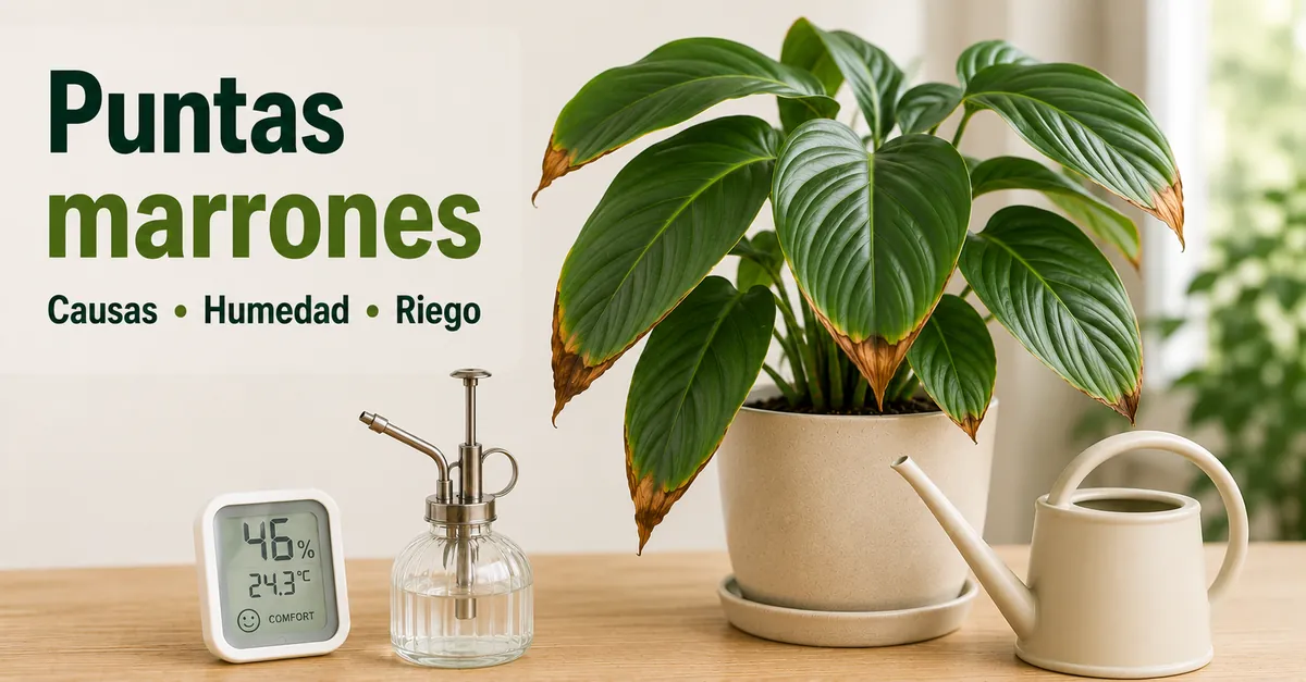 Puntas marrones en una planta tropical de interior junto a herramientas de humedad y riego