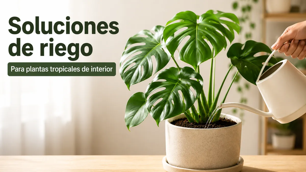 Riego de una planta tropical de interior con una regadera de boquilla estrecha