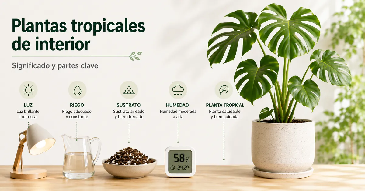 Partes esenciales del cuidado de plantas tropicales de interior, como luz, agua, sustrato y herramientas de humedad
