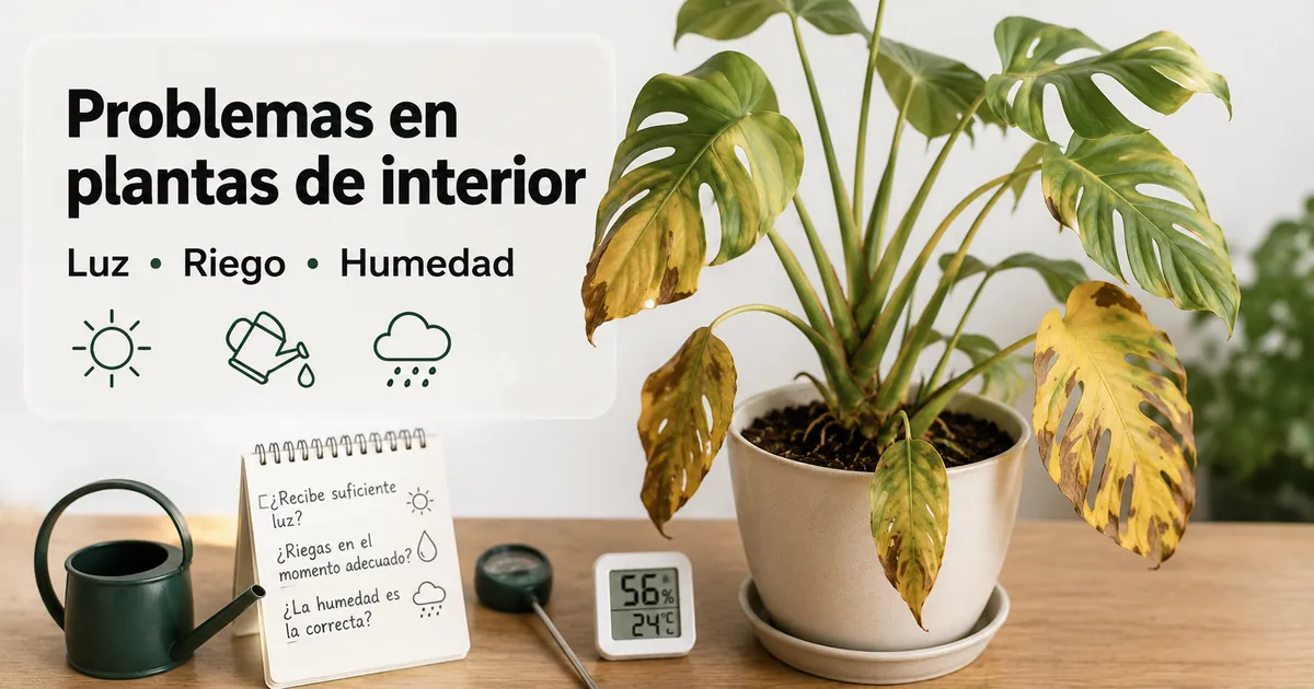 Planta tropical de interior con problemas de cuidado ligados a luz, riego y humedad