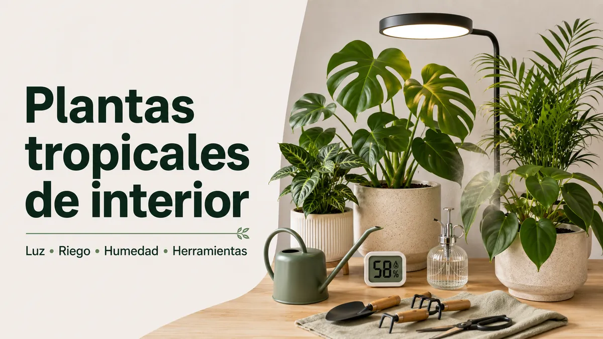 Montaje de cuidado para plantas tropicales de interior con luz, riego, humedad y herramientas básicas