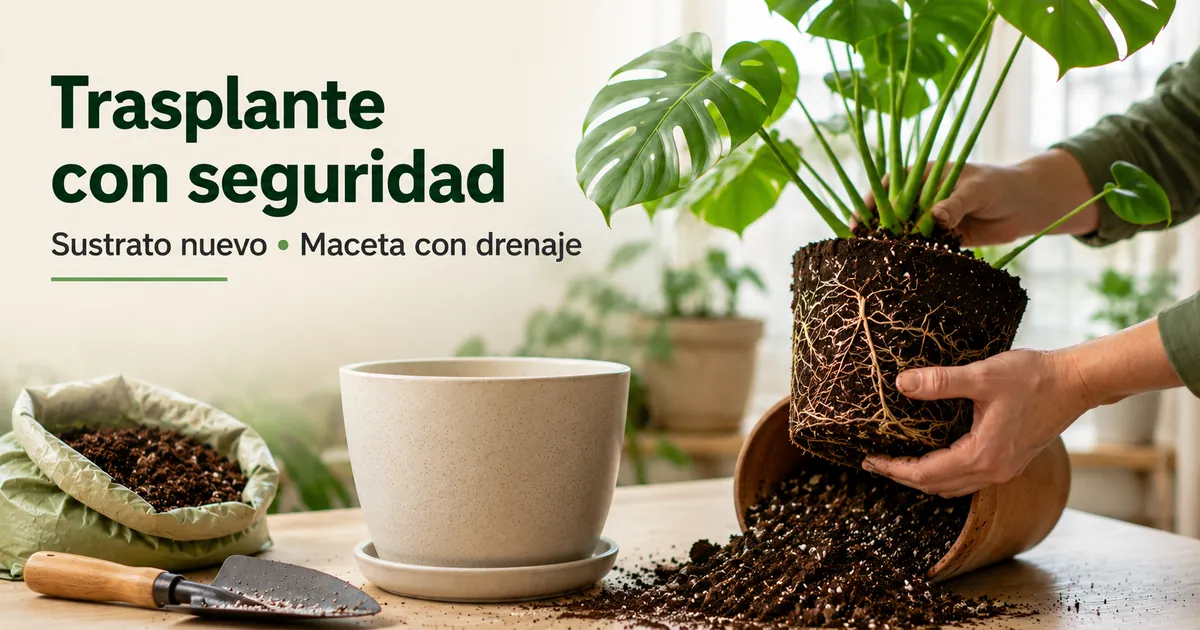 Trasplante de una planta tropical de interior con sustrato nuevo y una maceta con drenaje