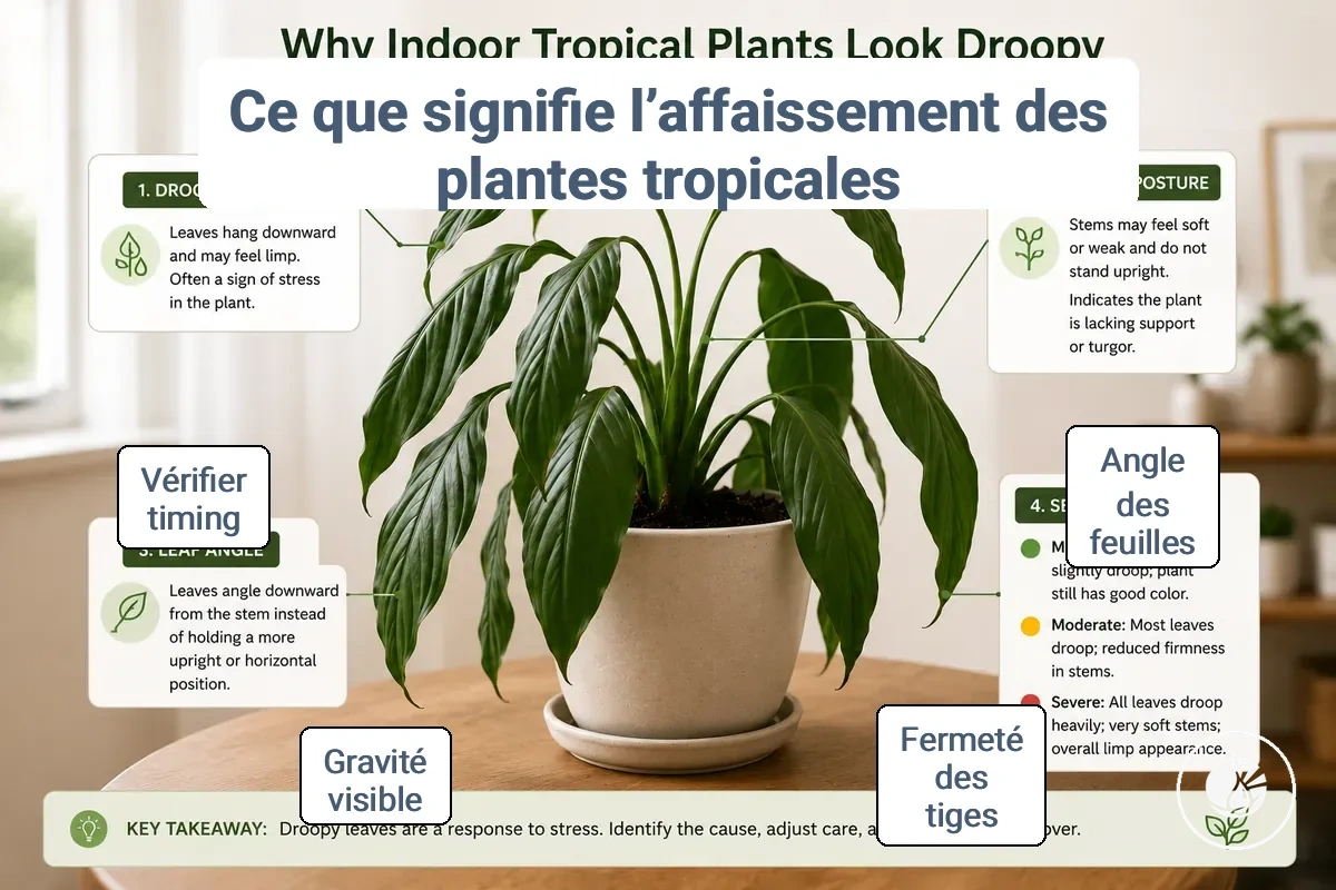 Plante tropicale d’intérieur montrant des feuilles tombantes et une tige molle