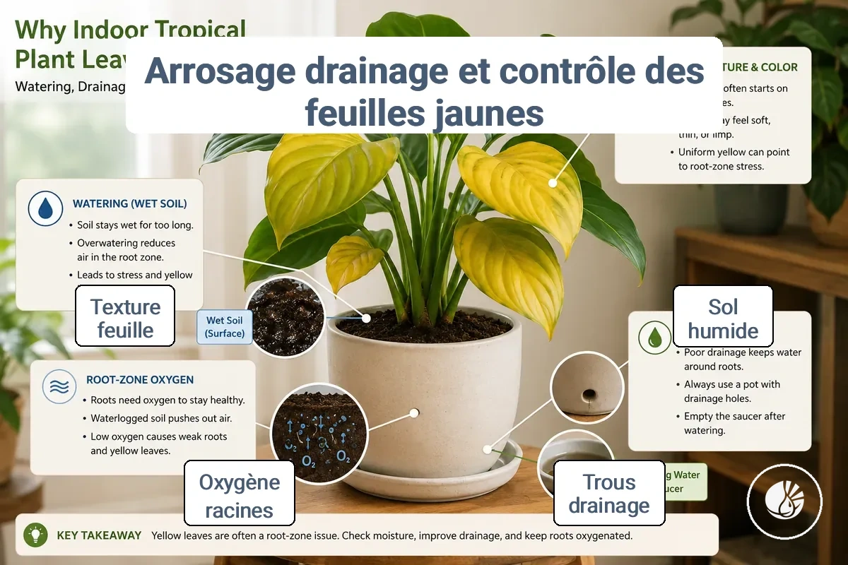 Plante tropicale d'intérieur montrant des feuilles jaunes avec des vérifications d'humidité du sol et de drainage annotées.