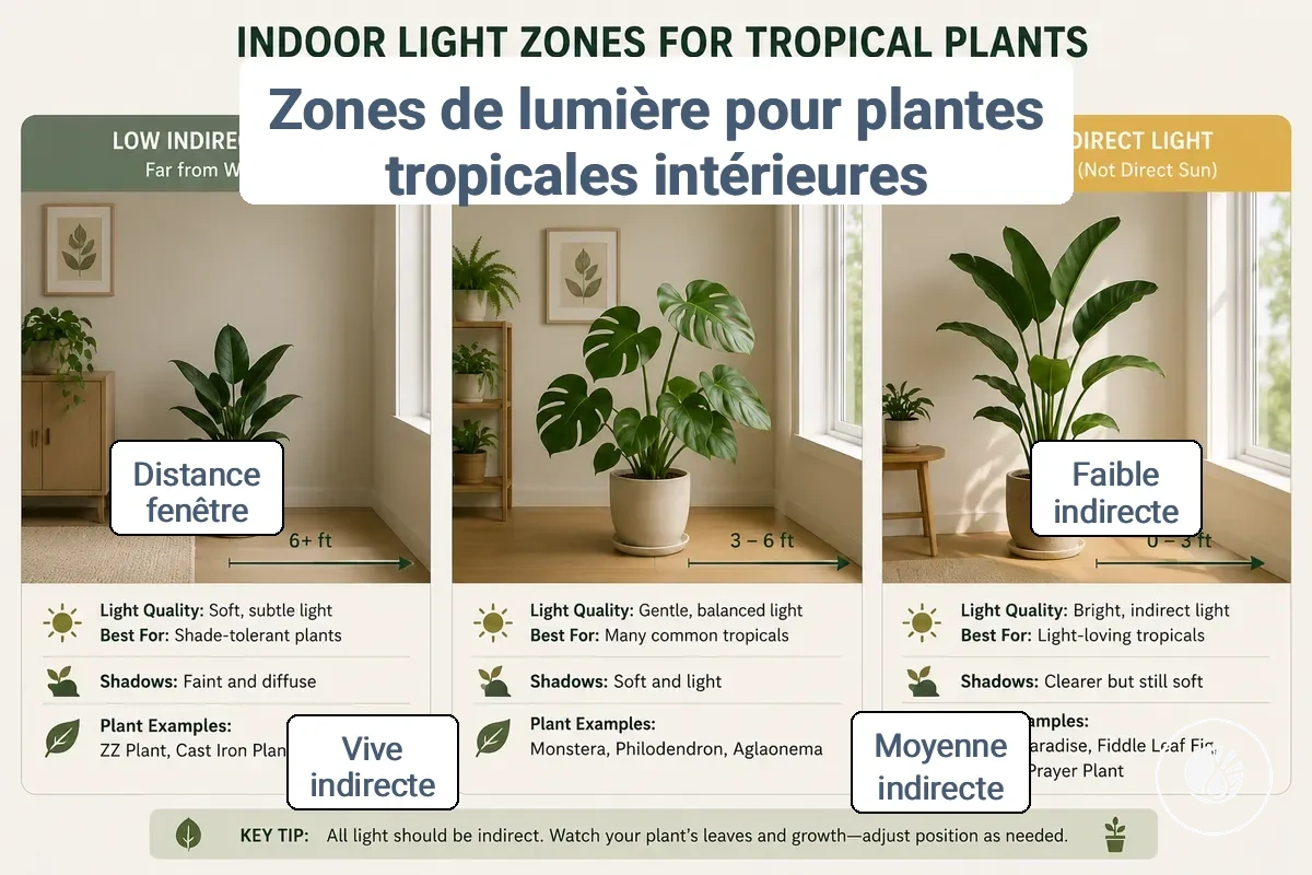 Comparaison des conditions de lumière indirecte faible, moyenne et vive pour les plantes tropicales d’intérieur