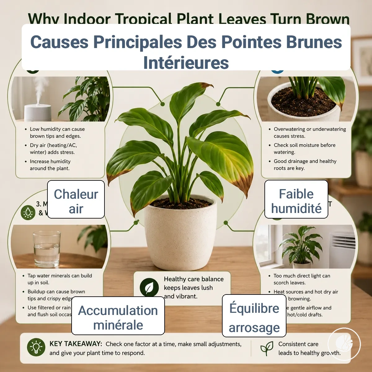 Carte de diagnostic des causes intérieures courantes des pointes brunes sur les plantes tropicales