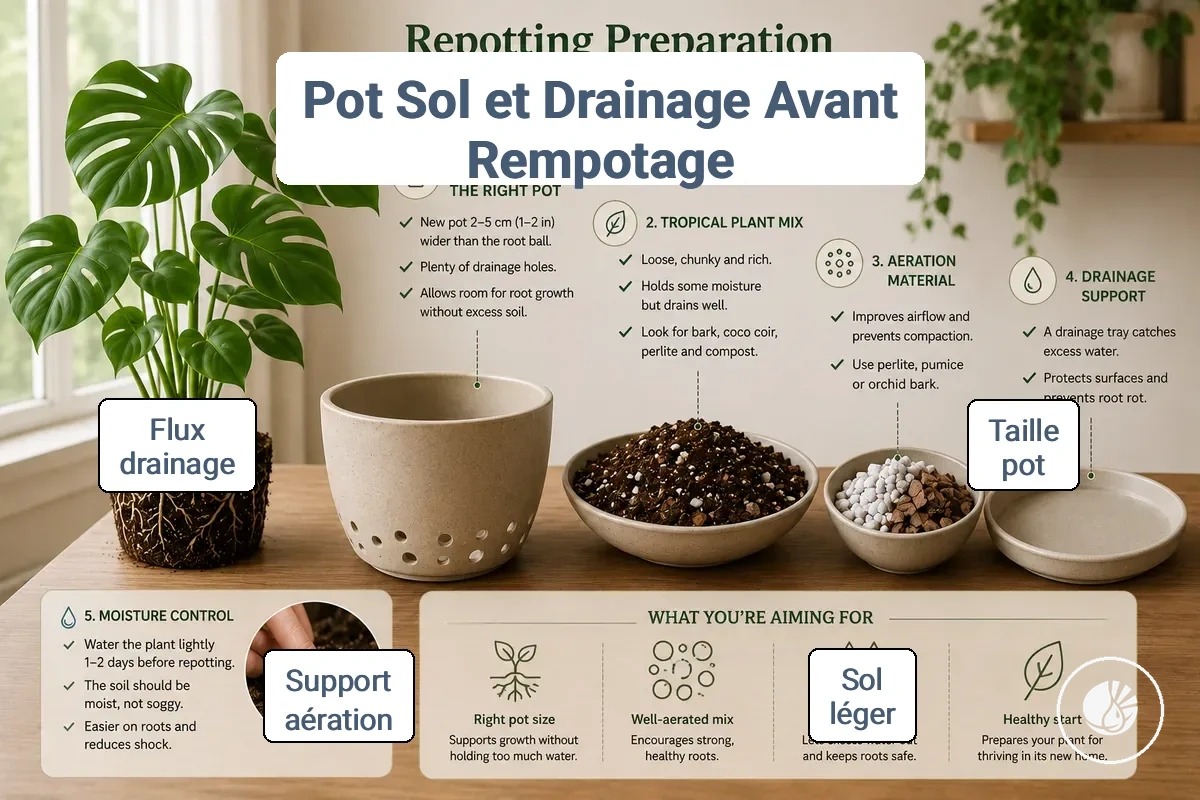 Configuration du pot, du sol et du drainage pour le rempotage des plantes tropicales d'intérieur