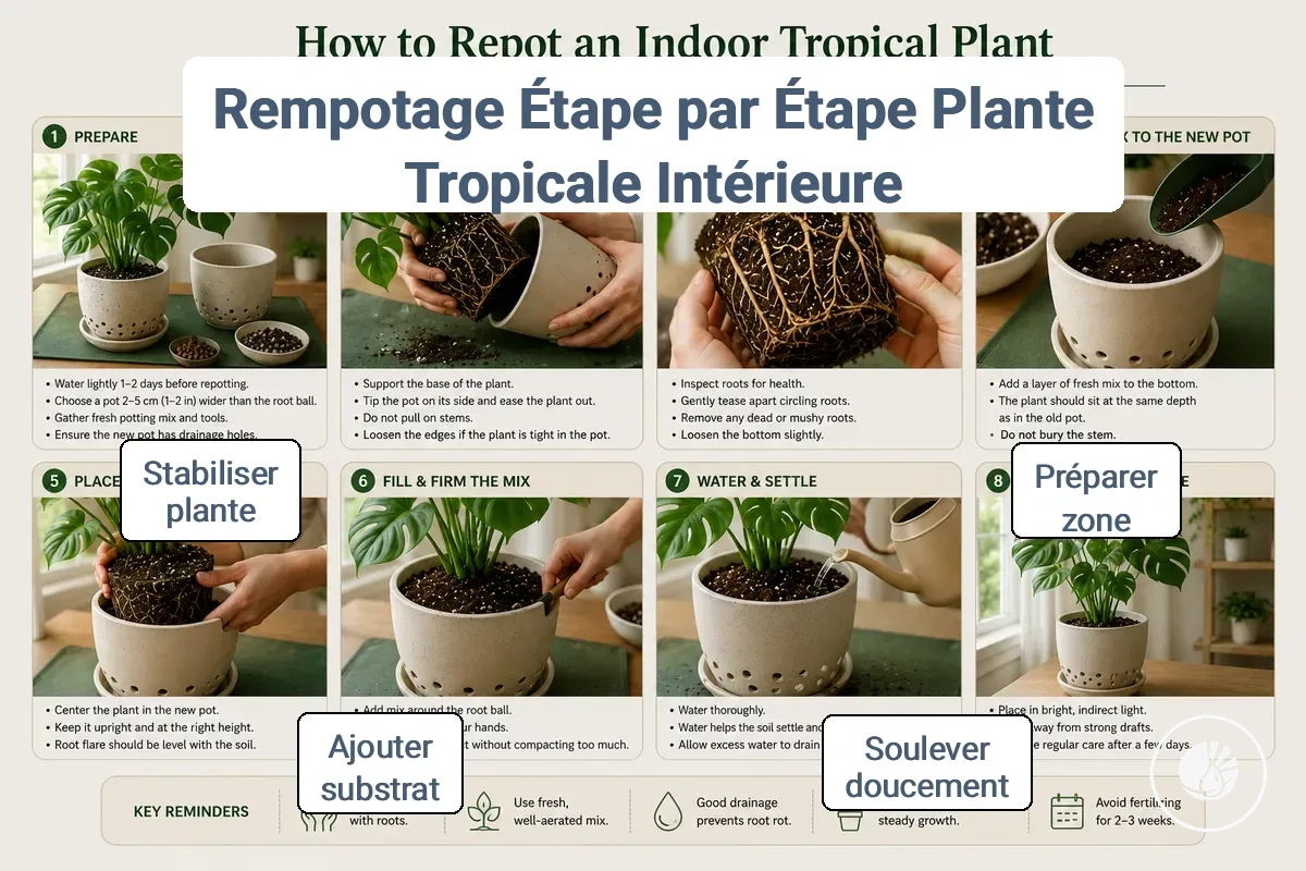 Séquence de rempotage étape par étape pour une plante tropicale d'intérieur