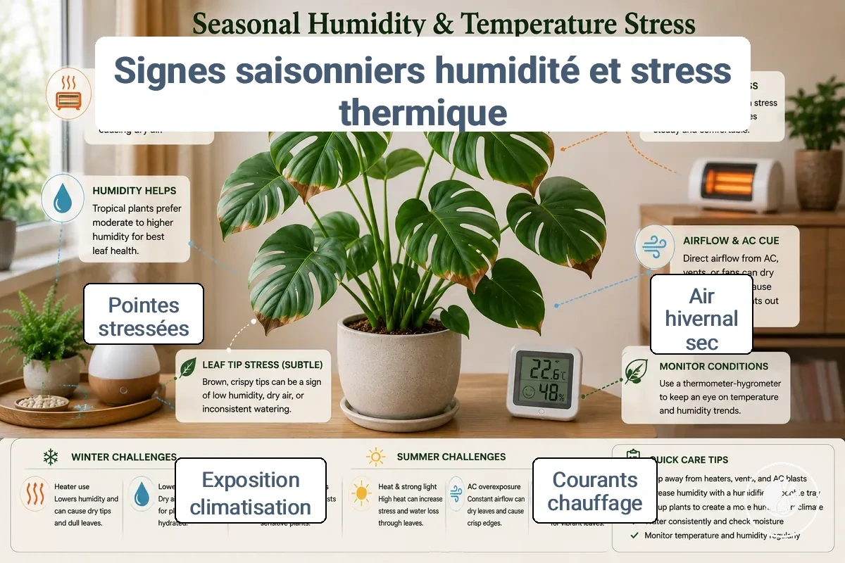 Plante tropicale d’intérieur montrant des signes de stress saisonnier lié à l’humidité et à la température