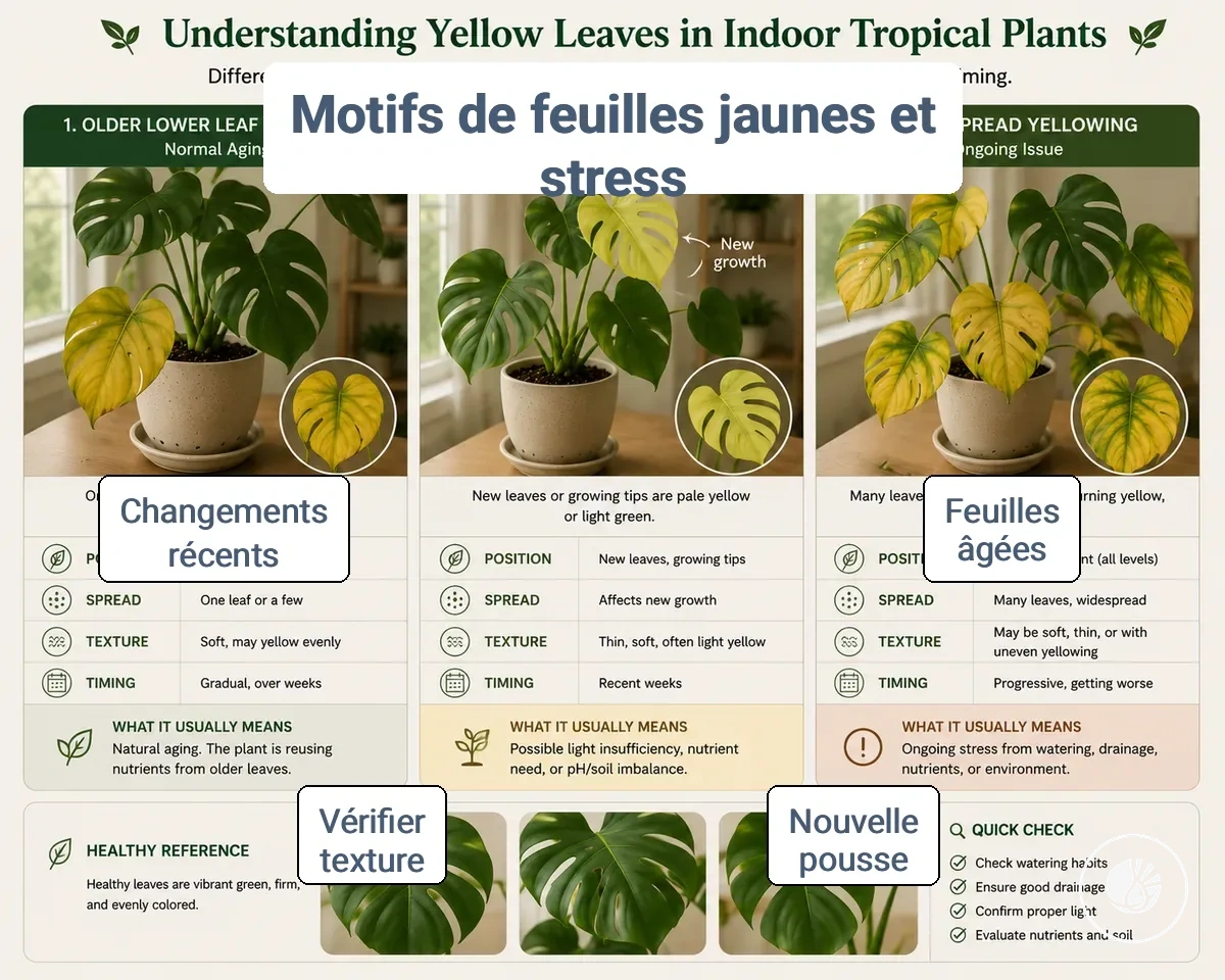 Comparaison des motifs de feuilles jaunes de plantes tropicales d'intérieur montrant les signaux de vieillissement et de stress.