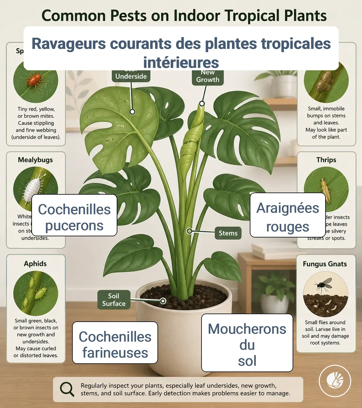 Graphique comparatif des ravageurs courants des plantes tropicales d’intérieur sur les feuilles, les tiges et le sol