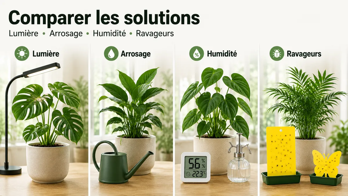Comparaison de solutions pour plantes tropicales d’intérieur selon les besoins de lumière, d’arrosage, d’humidité et de ravageurs