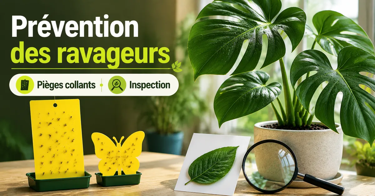 Prévention des ravageurs sur plantes tropicales d’intérieur avec pièges collants et outils d’inspection des feuilles