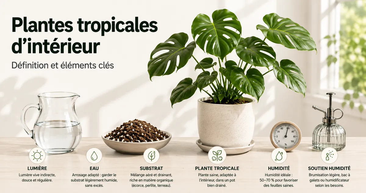 Éléments clés du soin des plantes tropicales d’intérieur avec lumière, eau, substrat et outils d’humidité