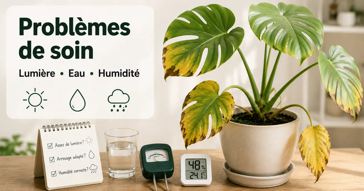 Plante tropicale d’intérieur montrant des problèmes de soin liés à la lumière, à l’eau et à l’humidité
