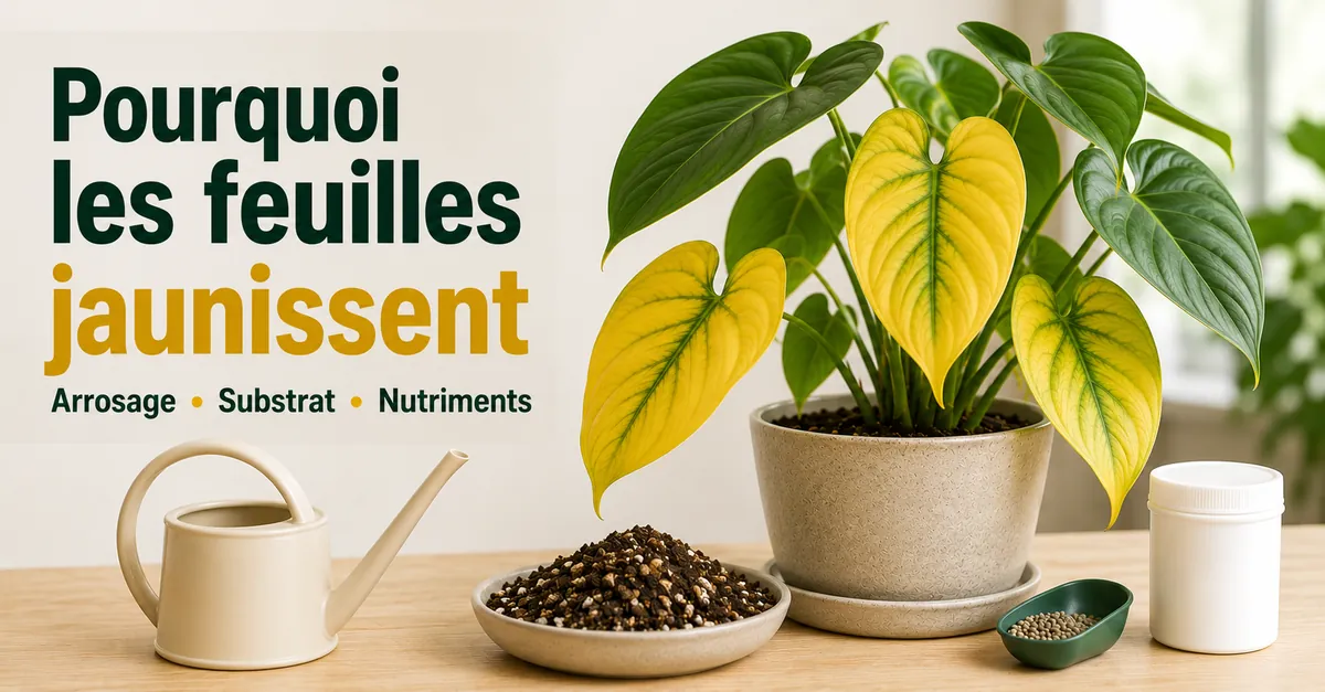 Plante tropicale d’intérieur aux feuilles jaunes contrôlée pour l’arrosage, le substrat et les nutriments
