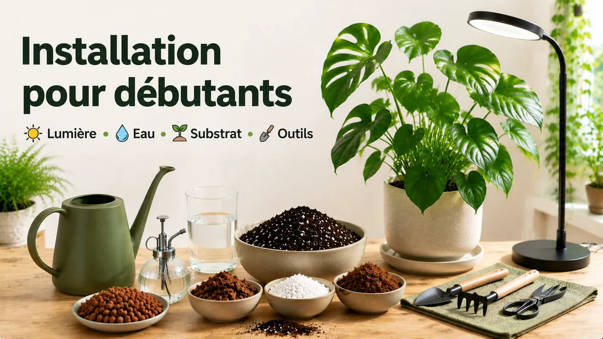Installation de départ pour plantes tropicales d’intérieur avec outils de base, lumière, eau et substrat