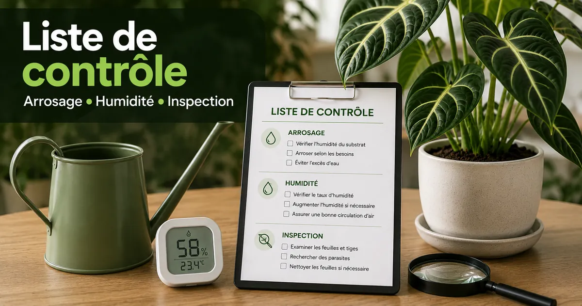 Liste de contrôle pour plantes tropicales d’intérieur avec outils d’arrosage, d’humidité et d’inspection