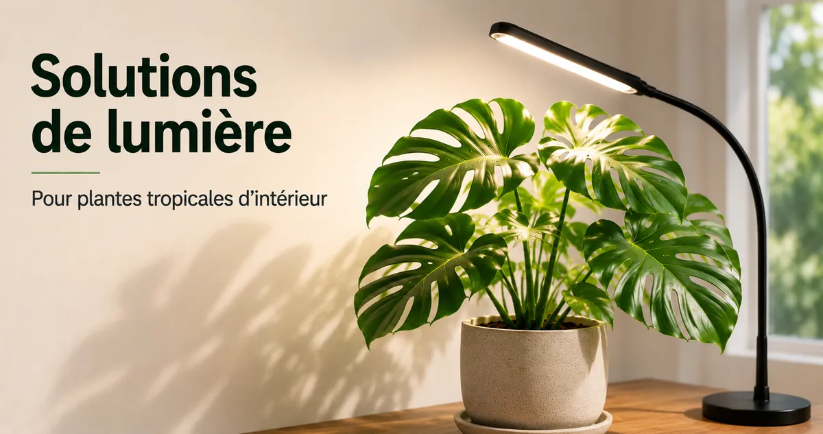Plante tropicale d’intérieur placée près d’une lampe horticole pour améliorer son exposition à la lumière