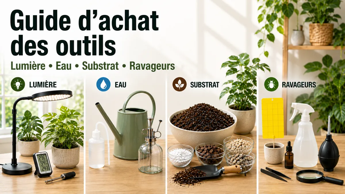 Outils et kits pour plantes tropicales d’intérieur organisés selon les besoins de lumière, d’eau, de substrat et de ravageurs