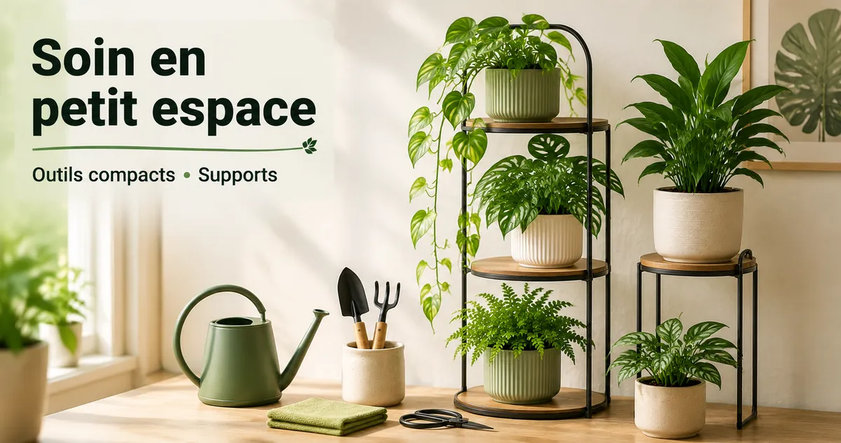 Installation de soin pour plantes tropicales d’intérieur dans un petit espace avec outils compacts et supports pour plantes