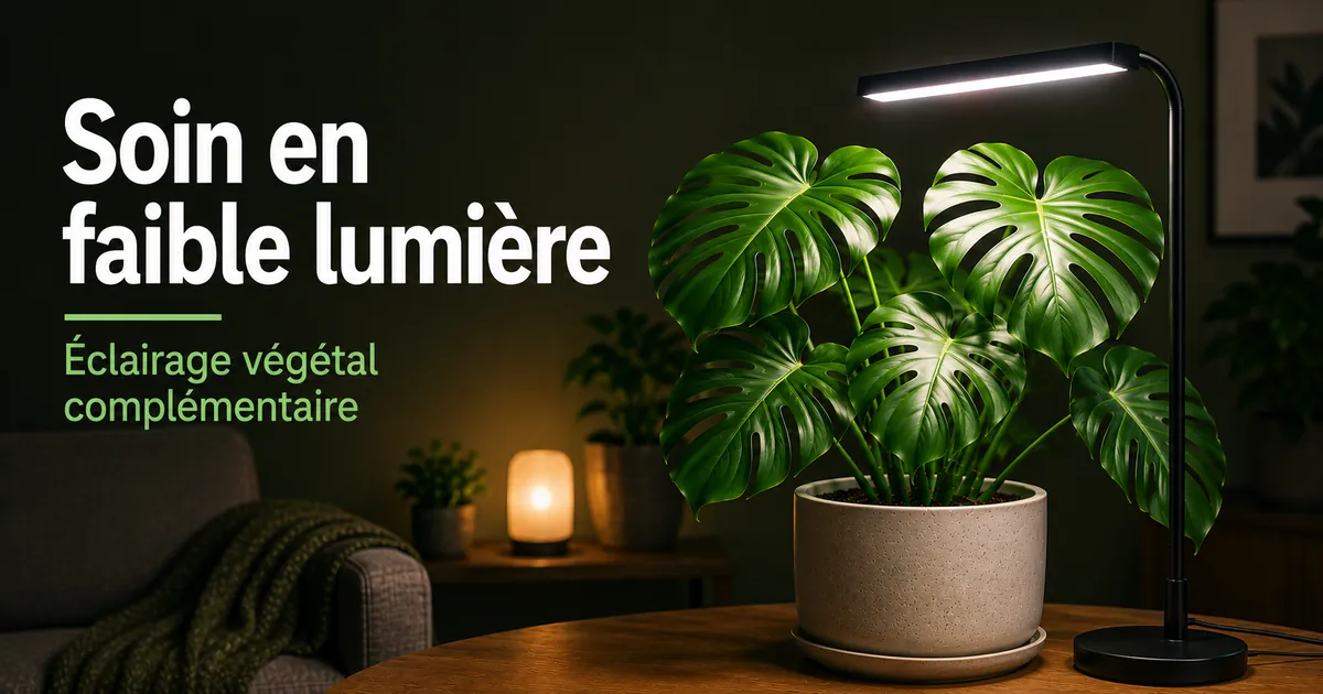 Installation de soin pour plante tropicale d’intérieur dans une pièce peu lumineuse avec éclairage végétal complémentaire
