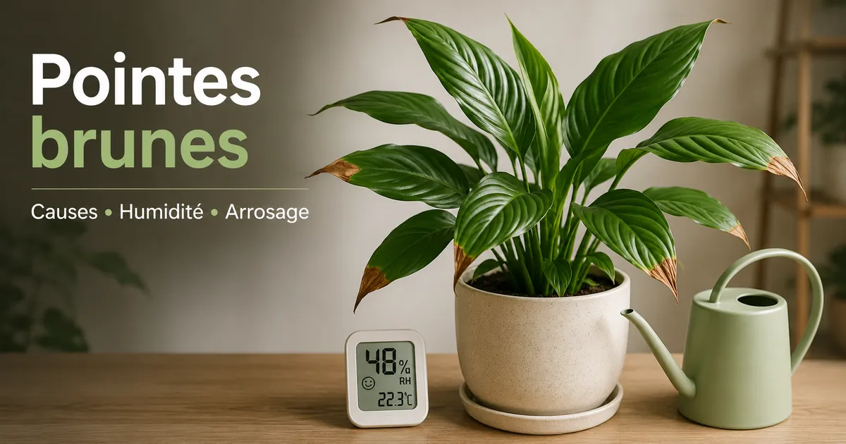 Pointes brunes sur une plante tropicale d’intérieur avec des outils d’humidité et d’arrosage à proximité