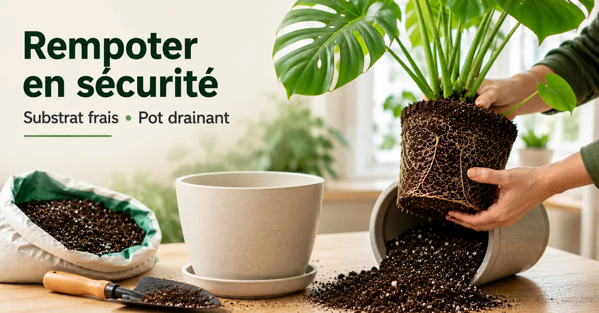 Rempotage d’une plante tropicale d’intérieur avec du substrat frais et un pot drainant