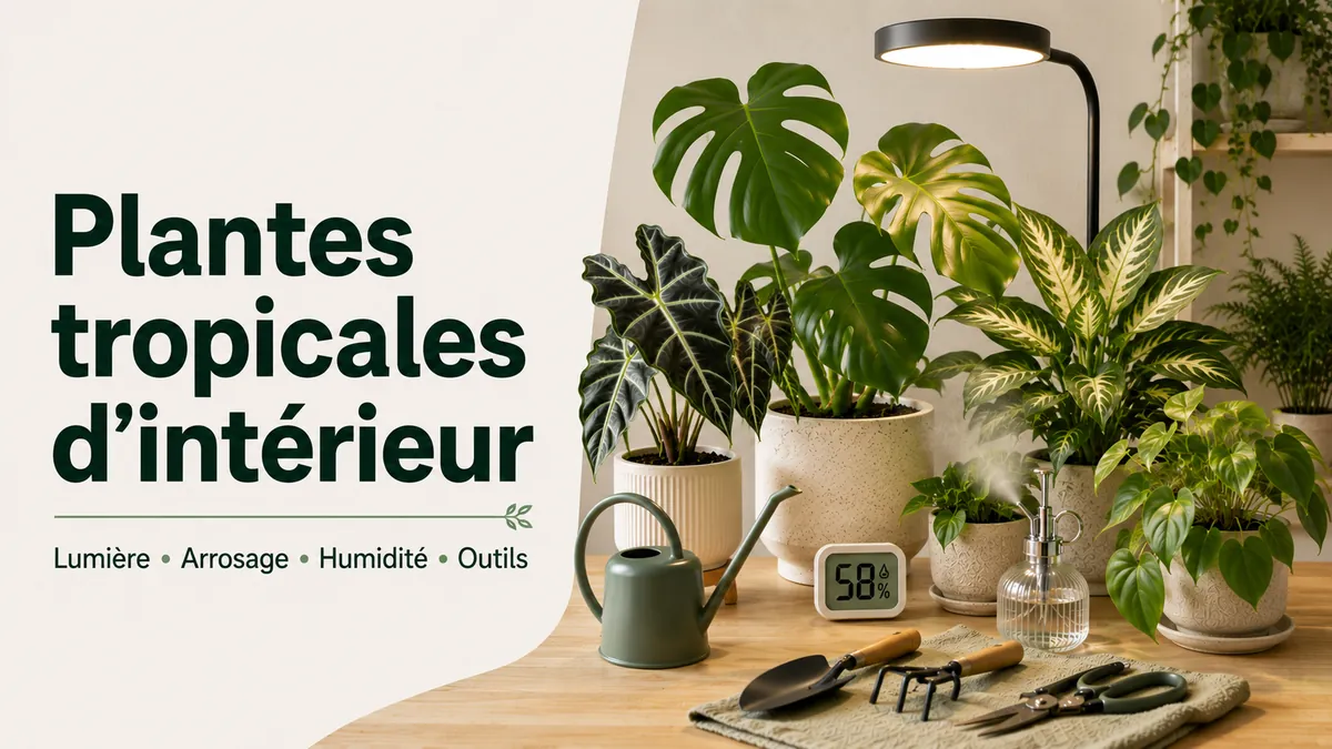 Installation de soin pour plantes tropicales d’intérieur avec lumière, arrosage, humidité et outils de base