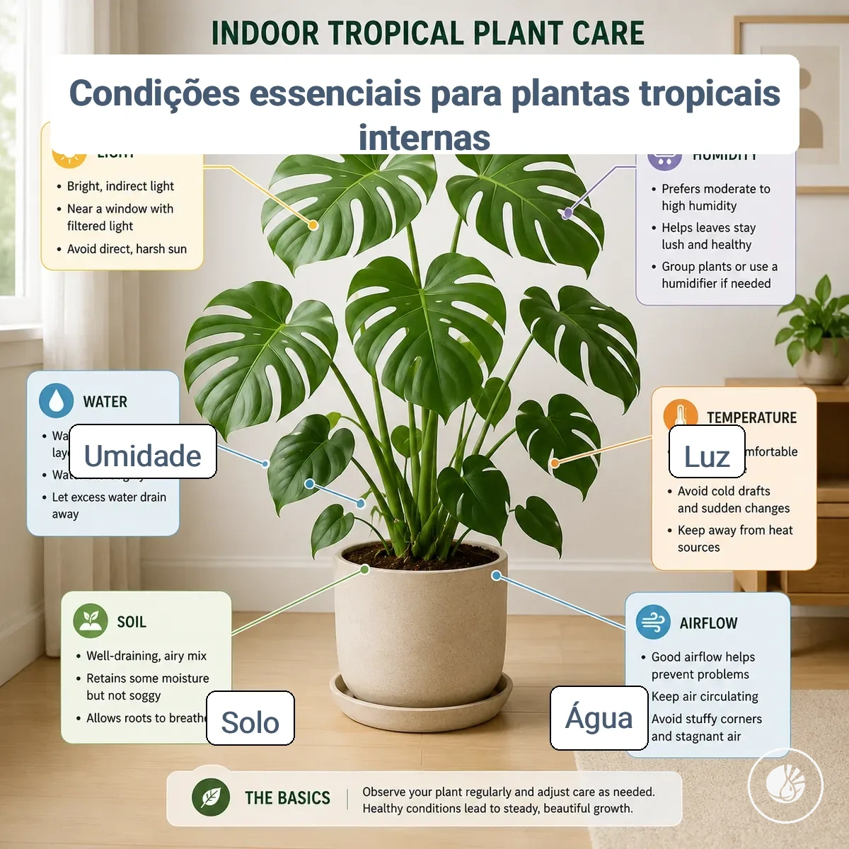Condições essenciais para uma planta tropical de interior mostrando indicações de luz, água, substrato, umidade, temperatura e circulação de ar