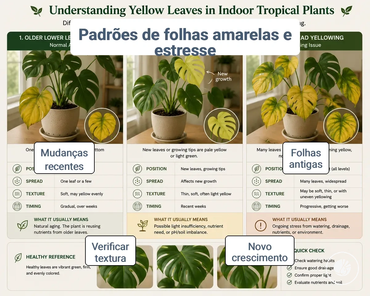 Comparação de padrões de folhas amarelas de plantas tropicais de interior mostrando sinais de envelhecimento e estresse.